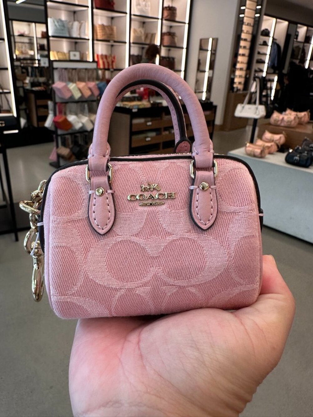 NWT! Coach CEU38 Mini Rowan Bag Charm Keychain In Signature Pink Denim/Gold